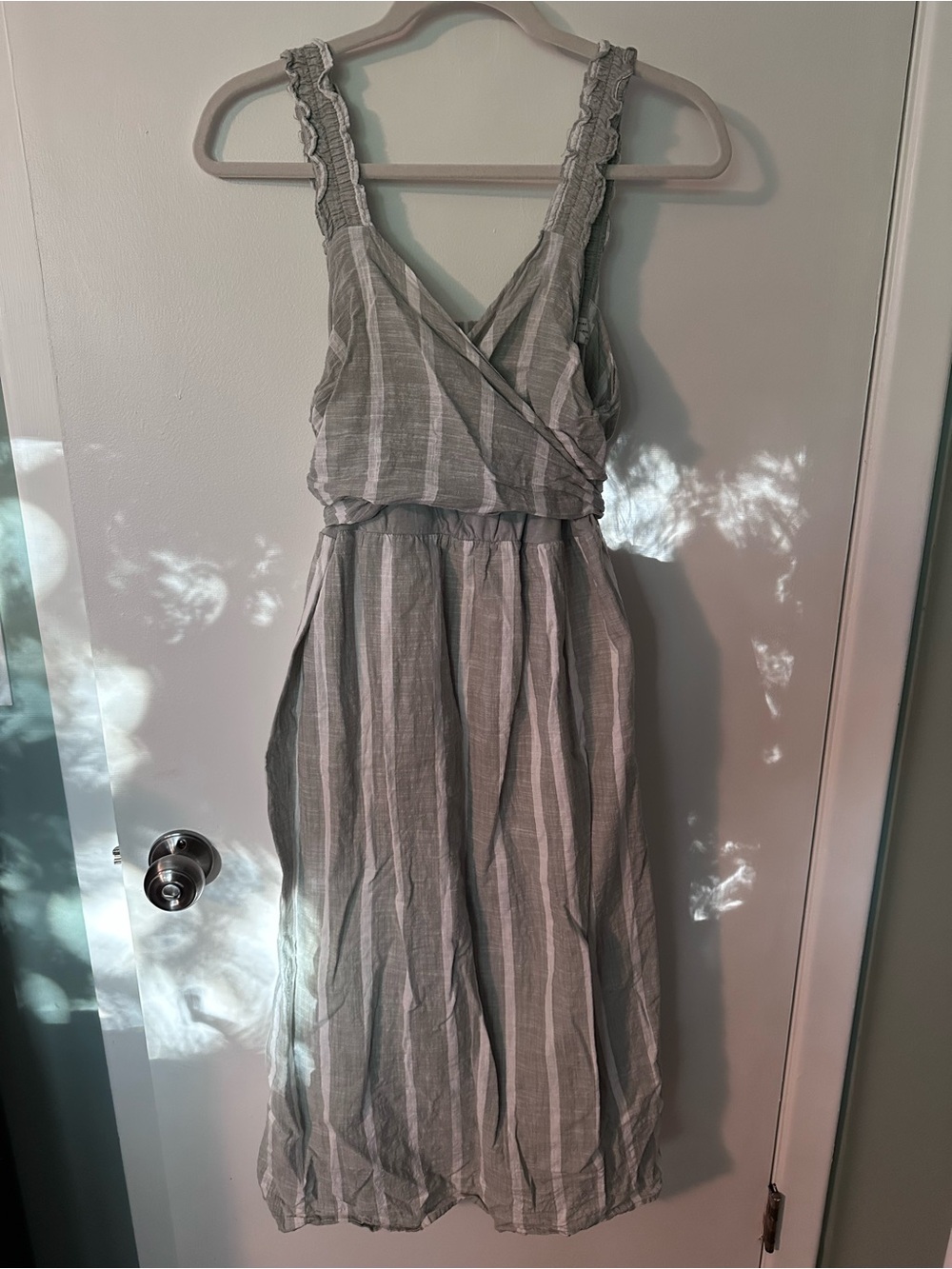 Sage Green & White Striped Sleeveless Wrap Maternity & Nursing Midi Dress